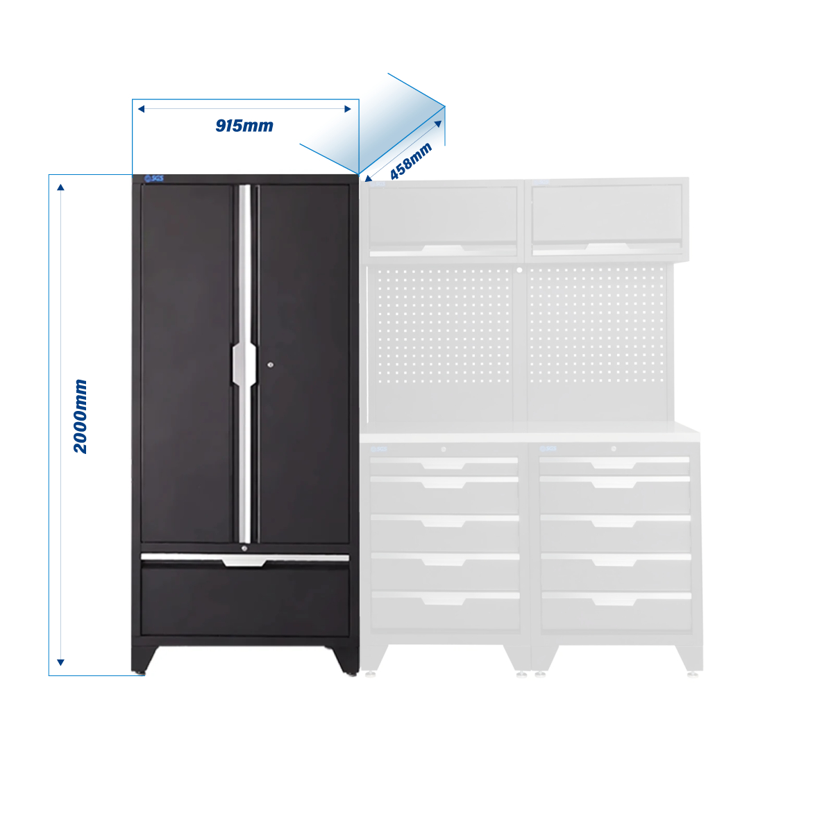 SGS 7pc Garage Storage System | 10 Drawers | Stainless Steel Worktop | 2x Upper Cabinets | Tall Double Cabinet | Tall Double Cabinet with Drawer
